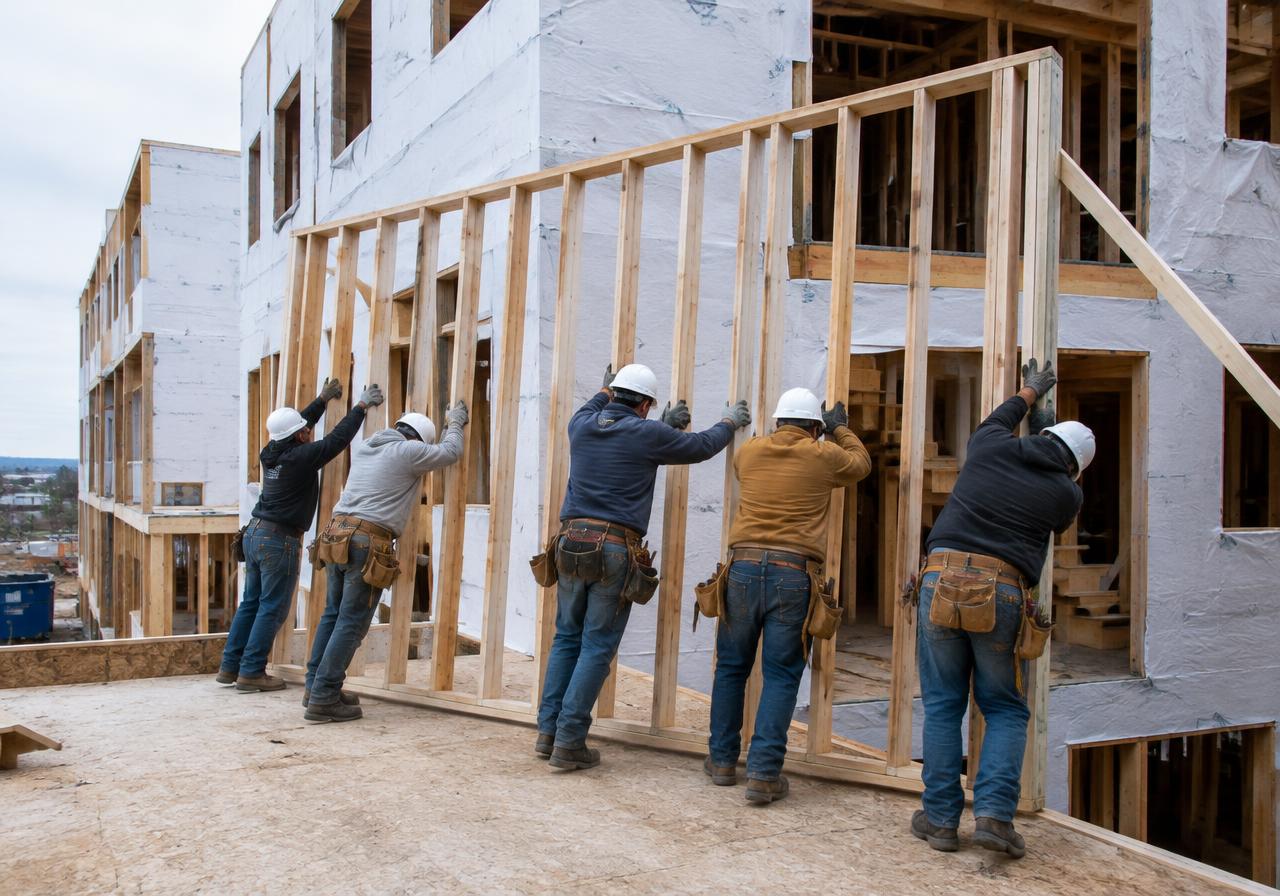 Framing crew raising a wall on a multi-story project